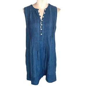 Faherty Womens Indigo Dyed 100% Linen Pintuck Shift Dress Blue Medium Pockets